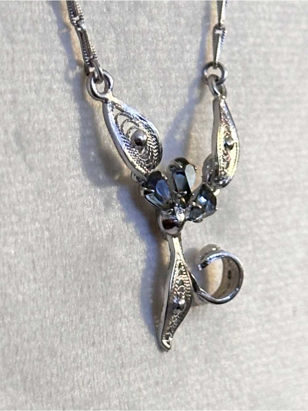 Natural Topaz Gemstone Filigree Estate Sterling Silver Drop Necklace